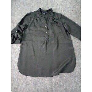 Antilia Femme Women's Black V-Neck Blouse Size M Roll Tab 3/4 Sleeve Pocket Top